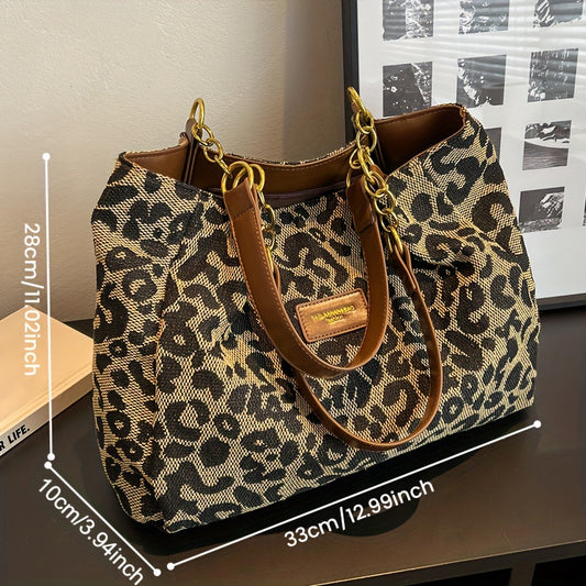 Chic Vintage Leopard Print Canvas Tote Bag for Women - Casual Shoulder Handbag with Dual Handles, Ideal for Commuting & Fashionable Outings, for Spring