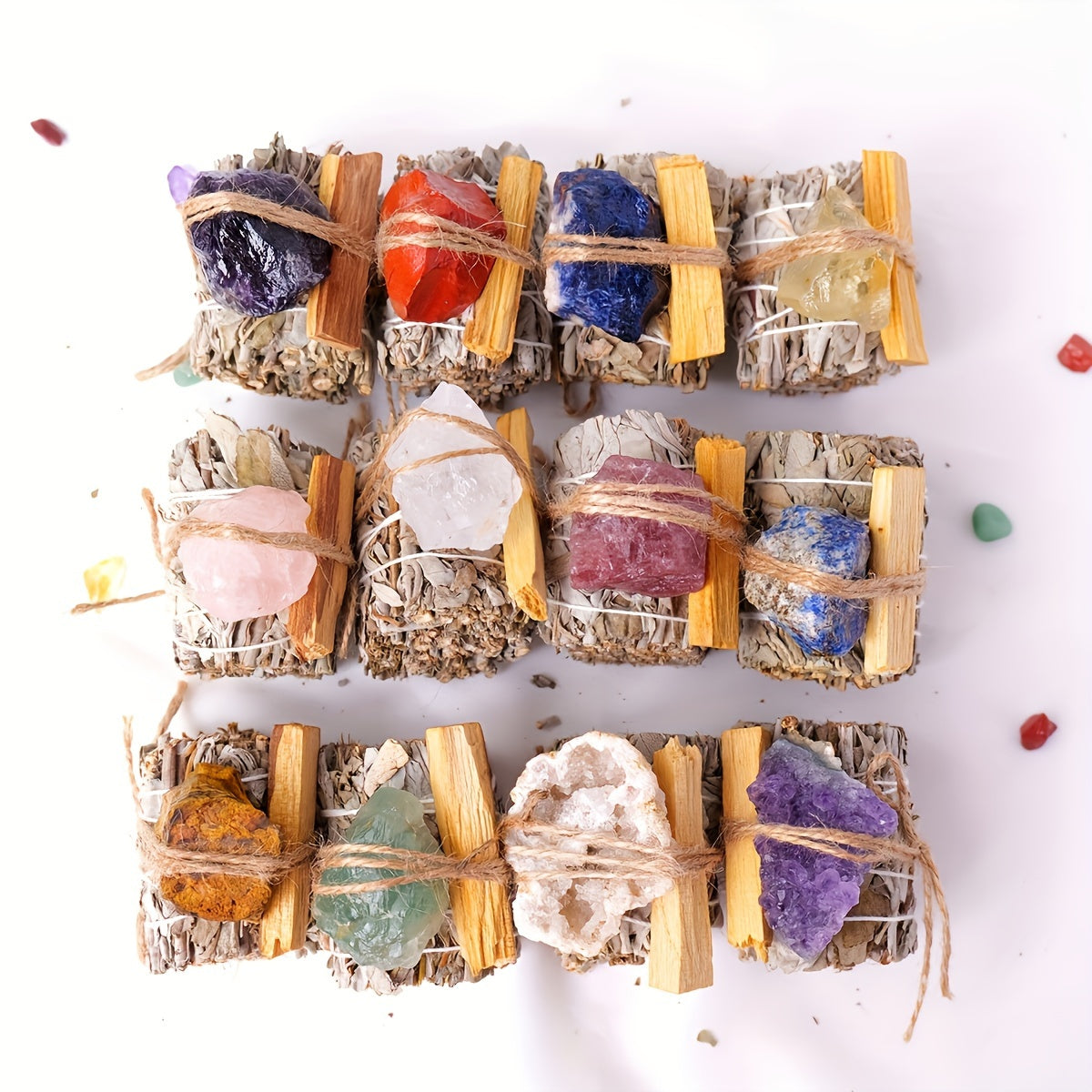 1 Box Bohemian Natural Crystal & White Sage Smudge Stick, Spiritual Home Cleansing with Peruvian Palo Santo, Rock Crystal Material, Energy Healing & Aromatherapy