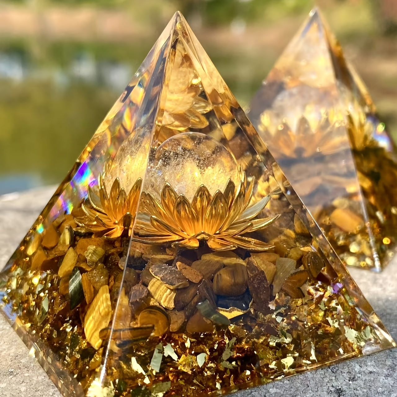 1pc Orgone Abundance Pyramid with Tiger's Eye & White Crystal - Attract Wealth, Prosperity & Success | Sparkling Golden Glitter Accents for Positive Energy & Spiritual Growth | Ideal for Home Decor & Good Luck Charm