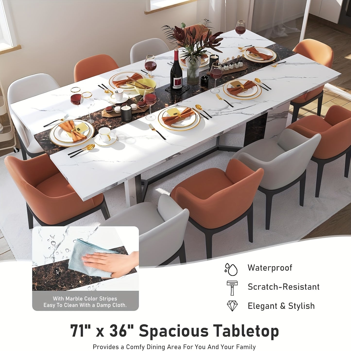 Large Luxurious Rectangular White Dining Table for 6 8 10 People w/ Marble Color Wood Tabletop, Metal Adjustable Leg, Modern Family Dinner Table for Rustic Office Kitchen Living Room