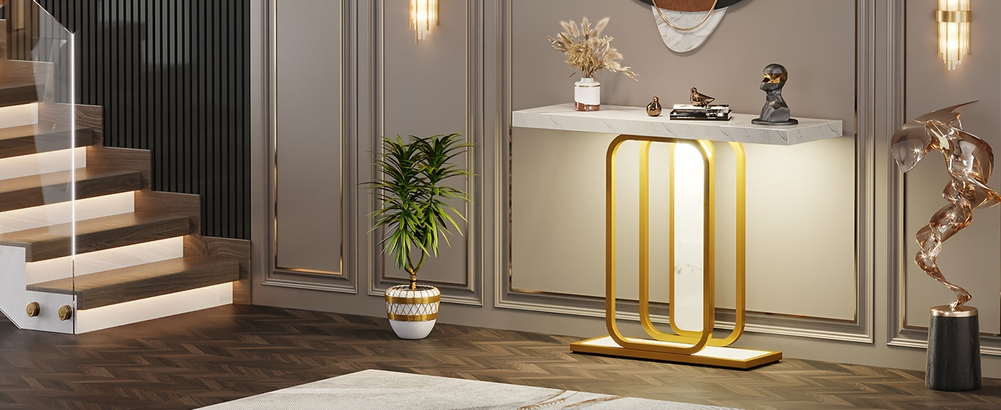 Modern Golden White Console Table - 41.3 Inch Accent Piece With Faux Marble Veneer For Living Room Entryway, Hallway, And Foyer