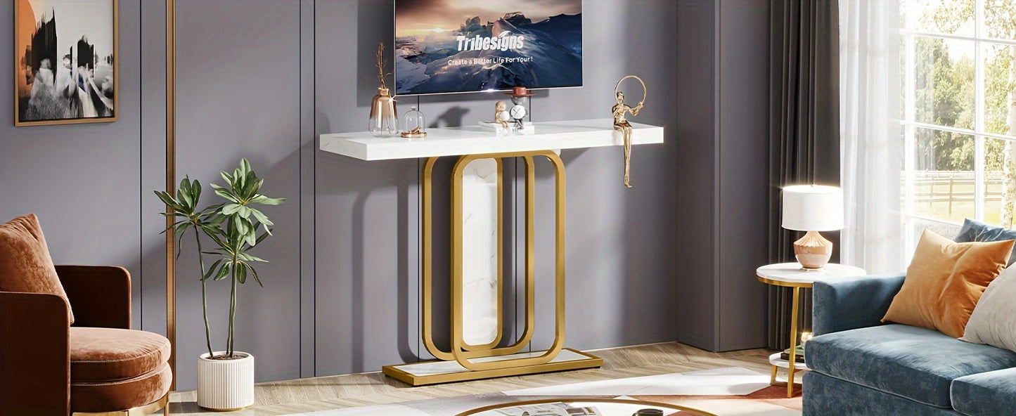 Modern Golden White Console Table - 41.3 Inch Accent Piece With Faux Marble Veneer For Living Room Entryway, Hallway, And Foyer