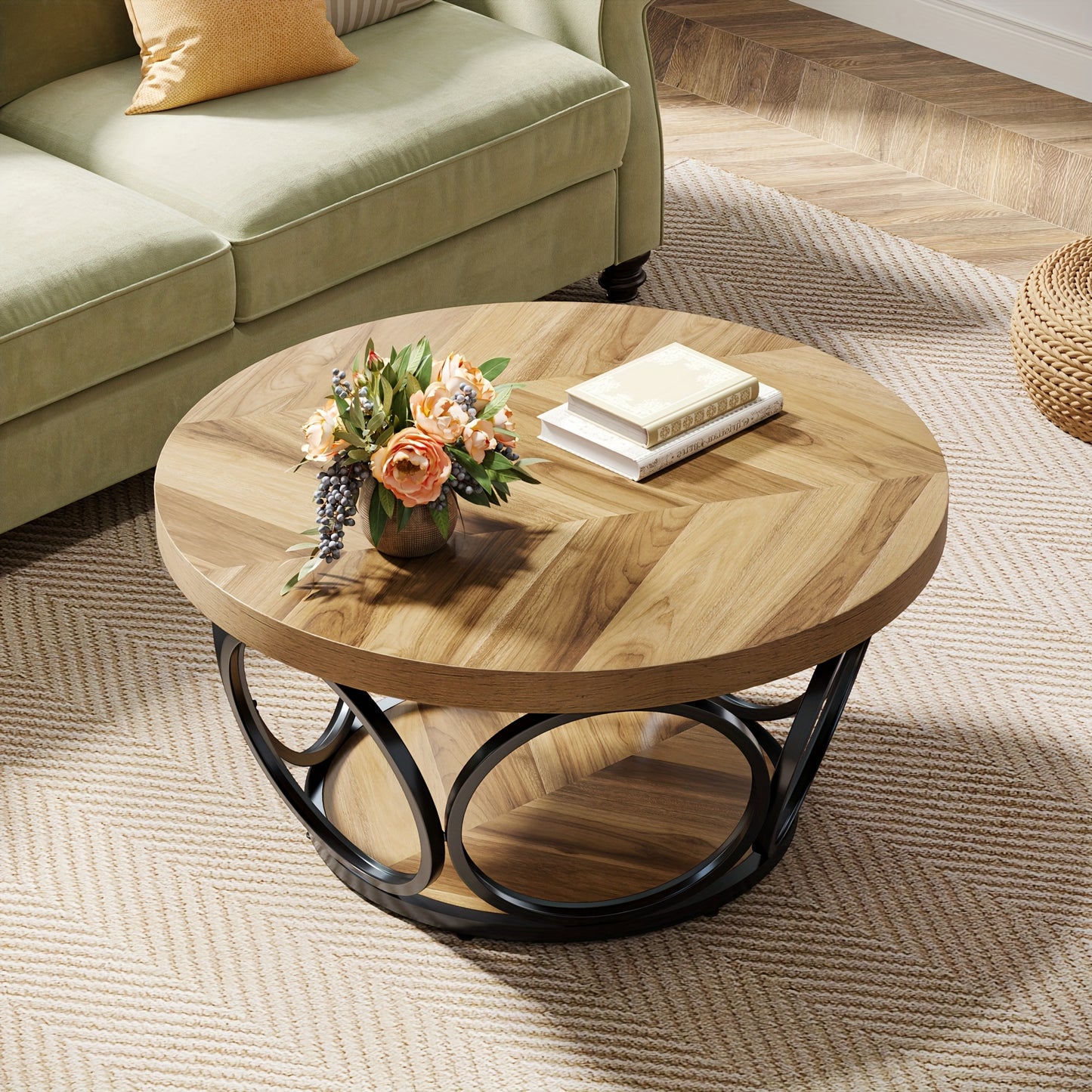 Coffee Table For Small Space, 31.5" Round Wood Center Table, Farmhouse Large Circle Coffee Tables With 2-Tier Storage, Modern Simple Brown Tea Table