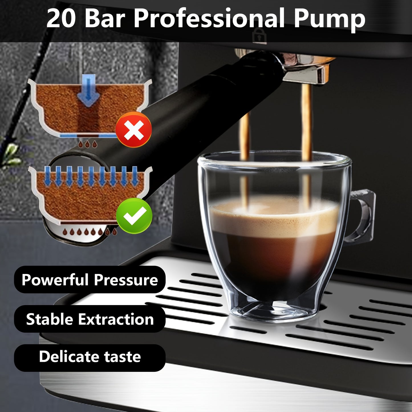 20 Bar Espresso Machine, Stainless Steel Espresso Coffee Machine For Cappuccino, Latte, Automatic Espresso Machine With 1.5L Removable Water Tank, Powerful Steam Wand, Built-In Milk Frother, One-Touch Single Or Double Shot