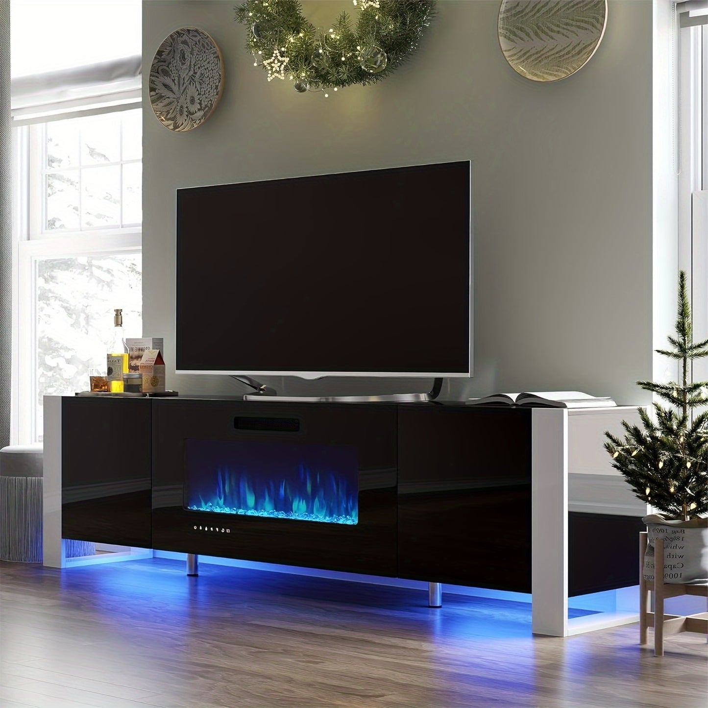 Modern 80" Black TV Stand with Built-In Electric Fireplace - High Gloss Finish, LED Lights, Durable Wood Construction