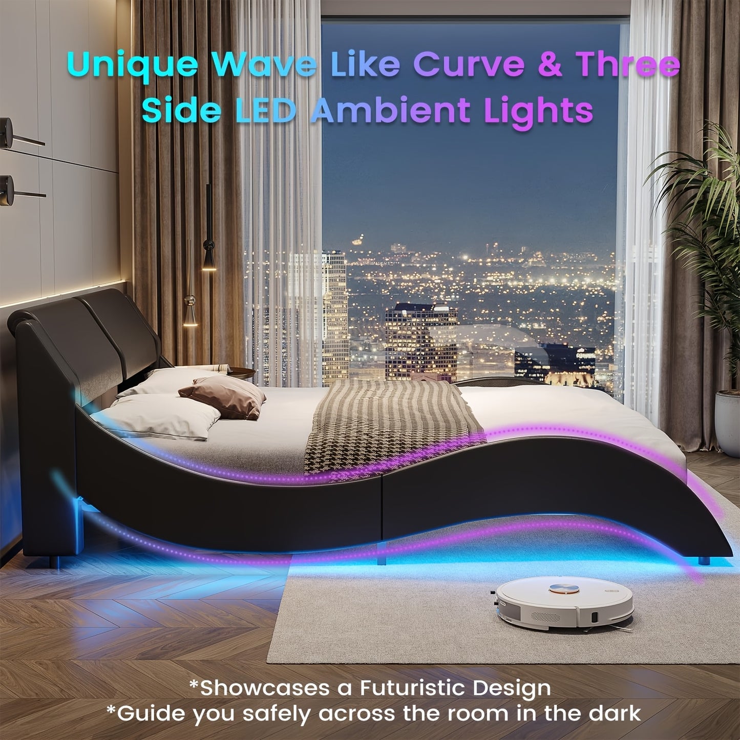 Modern Black Bed Frame with RGB LED Lights, USB & Type-C Ports - Easy Assembly, Faux Leather Wave Design Headboard