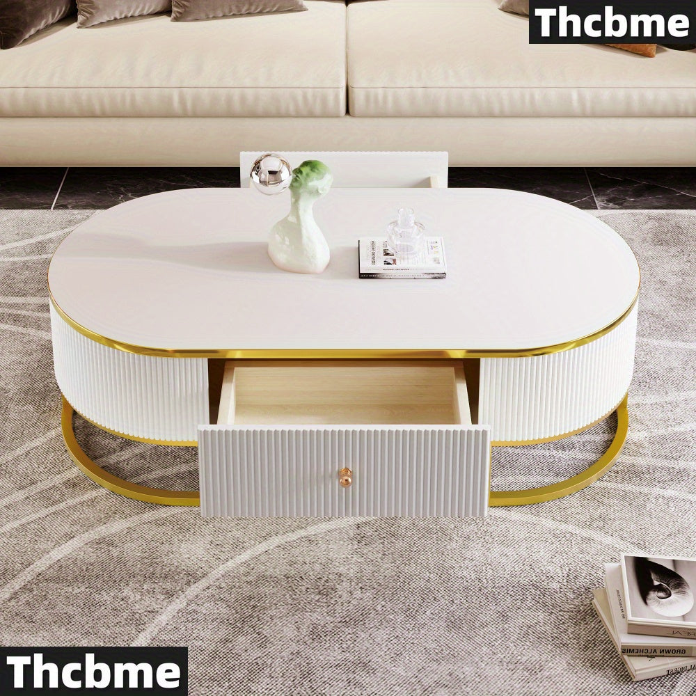 [1 Modern Oval Coffee Table] Thcbme Modern Oval Coffee Table, Wood Frame & Top, Space-Saving Curved Profile Design, with 2 Large Drawers, Golden Metal Accents, for Living Room, Office, Bedroom - White & Golden