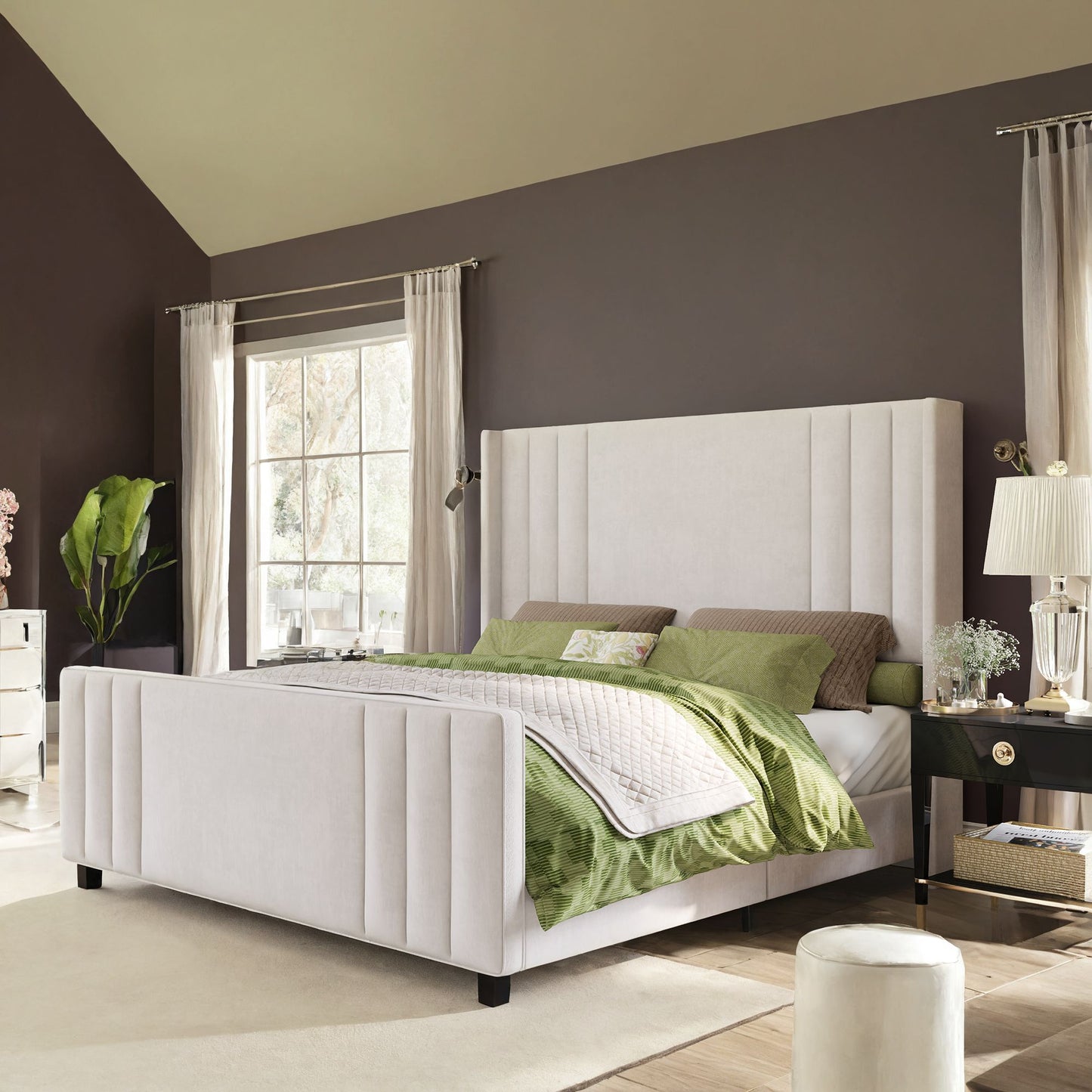 Velvet Upholstered Platform Bedstead with Vertical Channel Tufted Headboard, Footboard and Wingback, Wood Slats Mattress Groundwork, No Box Spring Necessary