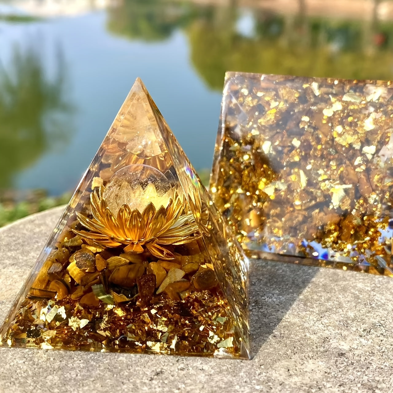 1pc Orgone Abundance Pyramid with Tiger's Eye & White Crystal - Attract Wealth, Prosperity & Success | Sparkling Golden Glitter Accents for Positive Energy & Spiritual Growth | Ideal for Home Decor & Good Luck Charm