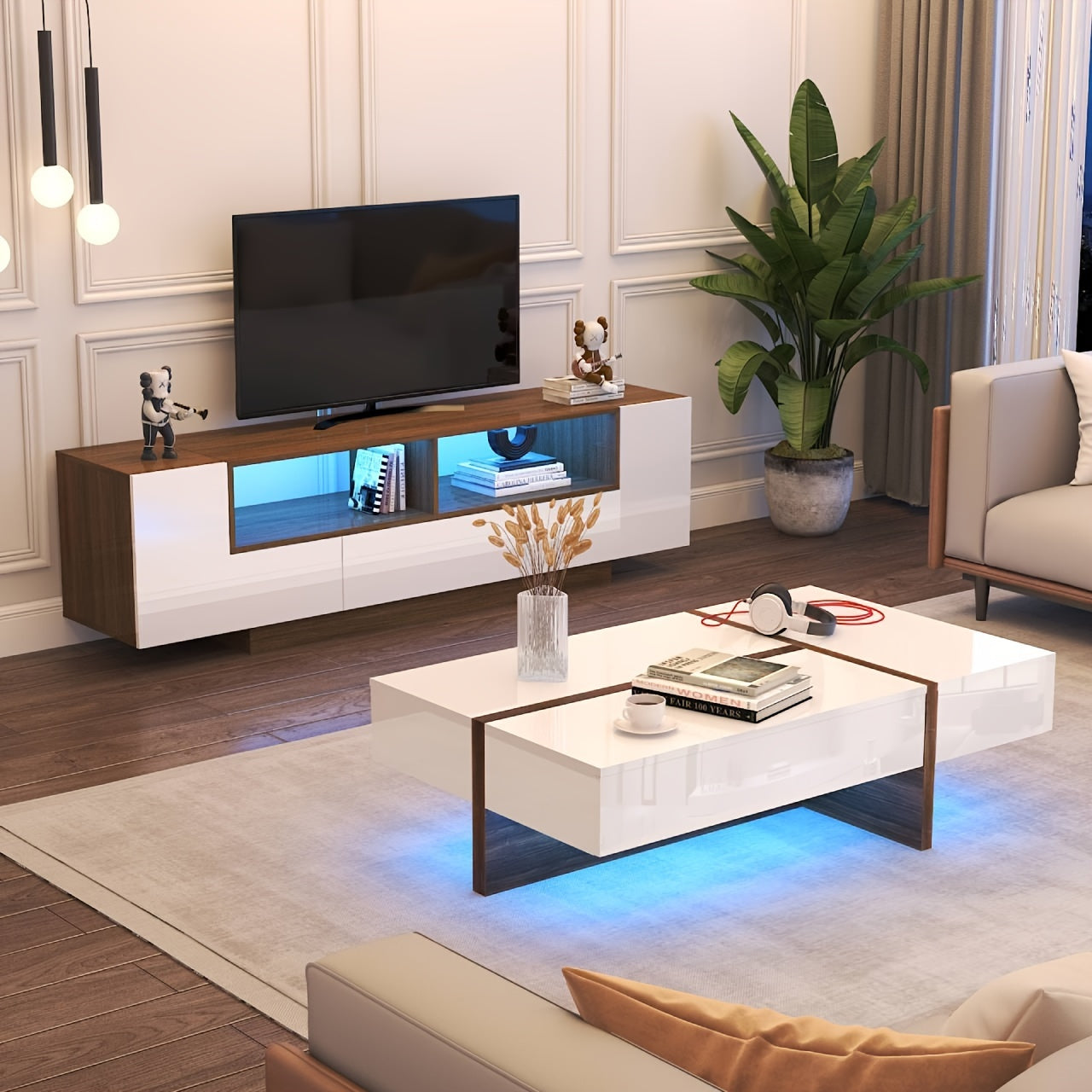 47" Rectangular Coffee Table With LED Light And Storage Drawers, Modern High Gloss Coffee Tables For Living Room