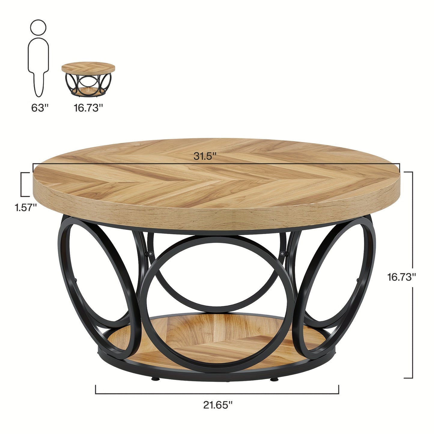 Coffee Table For Small Space, 31.5" Round Wood Center Table, Farmhouse Large Circle Coffee Tables With 2-Tier Storage, Modern Simple Brown Tea Table