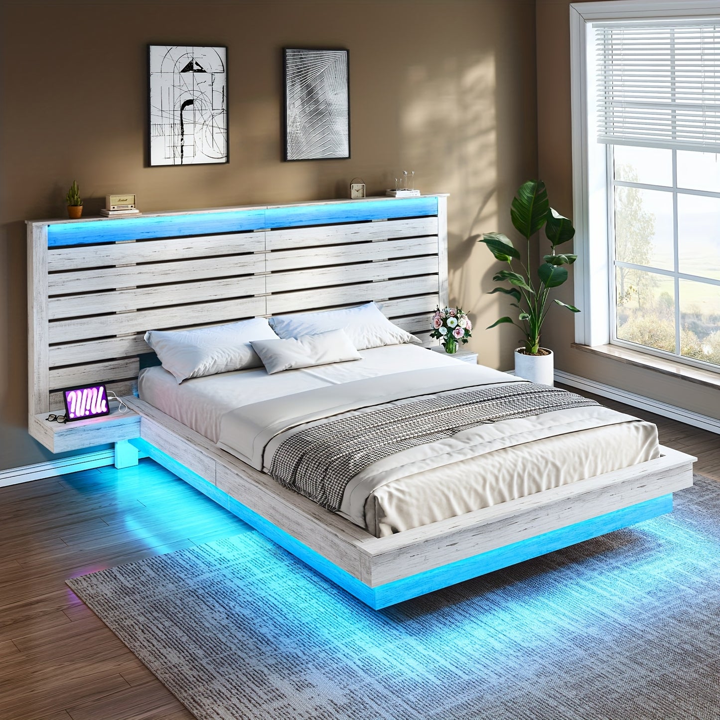 1pc LUXOAK Farmhouse Full-Size Floating Platform Bed Frame with LED Lights & Charging Station, Silent Operation, No Box Spring Needed, Includes Nightstands & Headboard