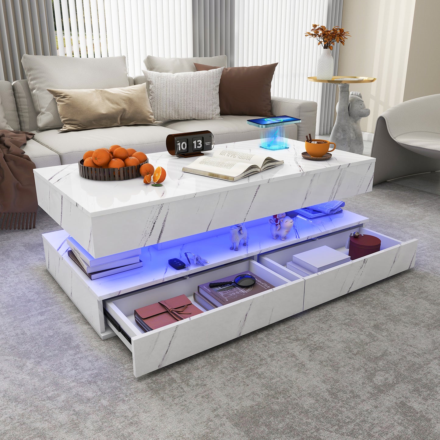 LED Coffee Table with Storage, High Gloss Coffee Table with Wireless Charging and Speaker, High Glossy Modern Center Table with 24 Color LED Lights for Living Room Bedroom