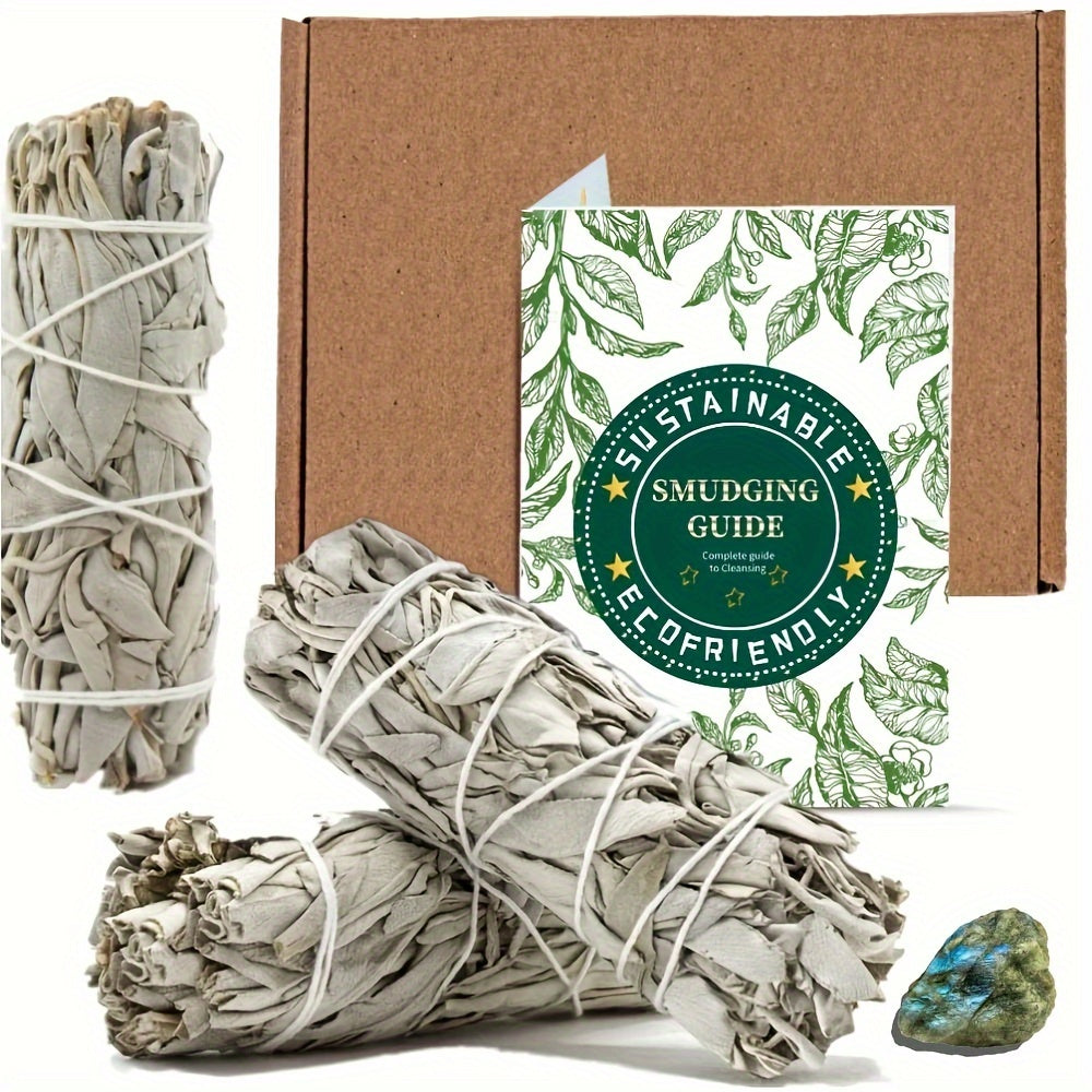 1set White Sage Bundles With Natural Moonstone Gem For Home Cleansing, Smudging, Bohemian Crystal Kit For Rituals