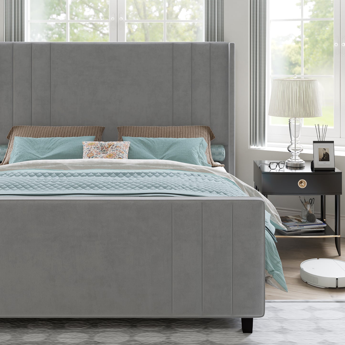 Velvet Upholstered Platform Bedstead with Vertical Channel Tufted Headboard, Footboard and Wingback, Wood Slats Mattress Groundwork, No Box Spring Necessary