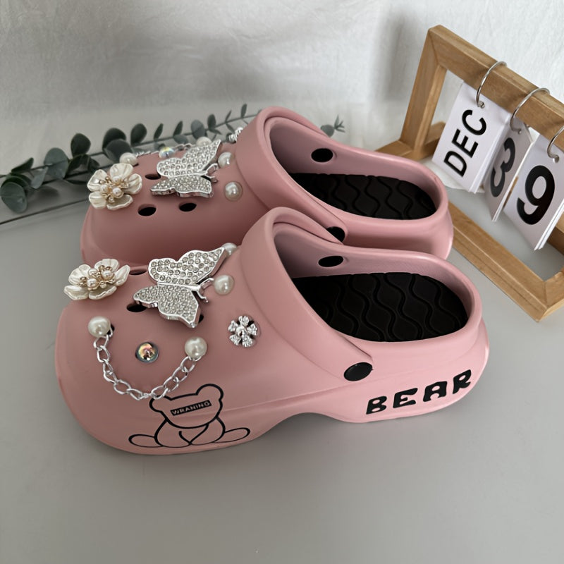 Casual Cartoon Bear Pattern Mules & Clogs for Women, Breathable EVA Platform Heel Clogs with Bow Embellishment, Versatile Indoor/Outdoor Fashion Footwear - Quanzhou Manufactured