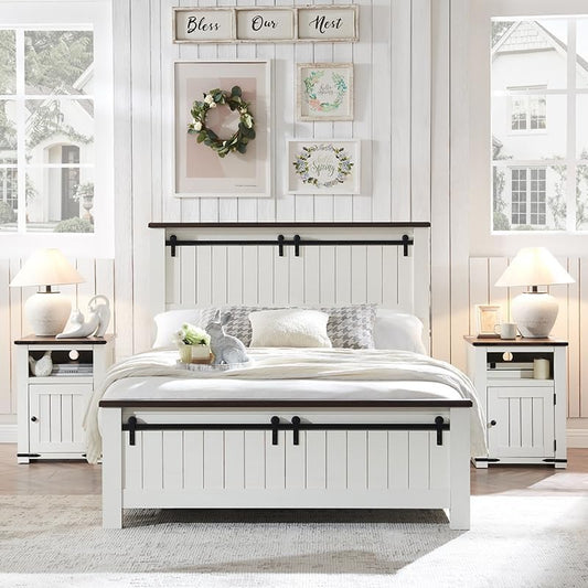 Farmhouse Full Size Bed Frame with 47" Headboard Wood Bed Frame with Groove Sliding Barn Door Footboard Platform Bed with Wood Slats Support No Box Spring Needed