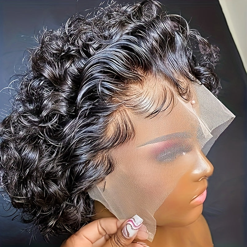 Pixie Cut Wig Short Curly Lace Front Human Hair Wigs for  Women Brazilian Water Wave 13x1 Transparent Lace Wigs (1B# 99J  T1B/99J)