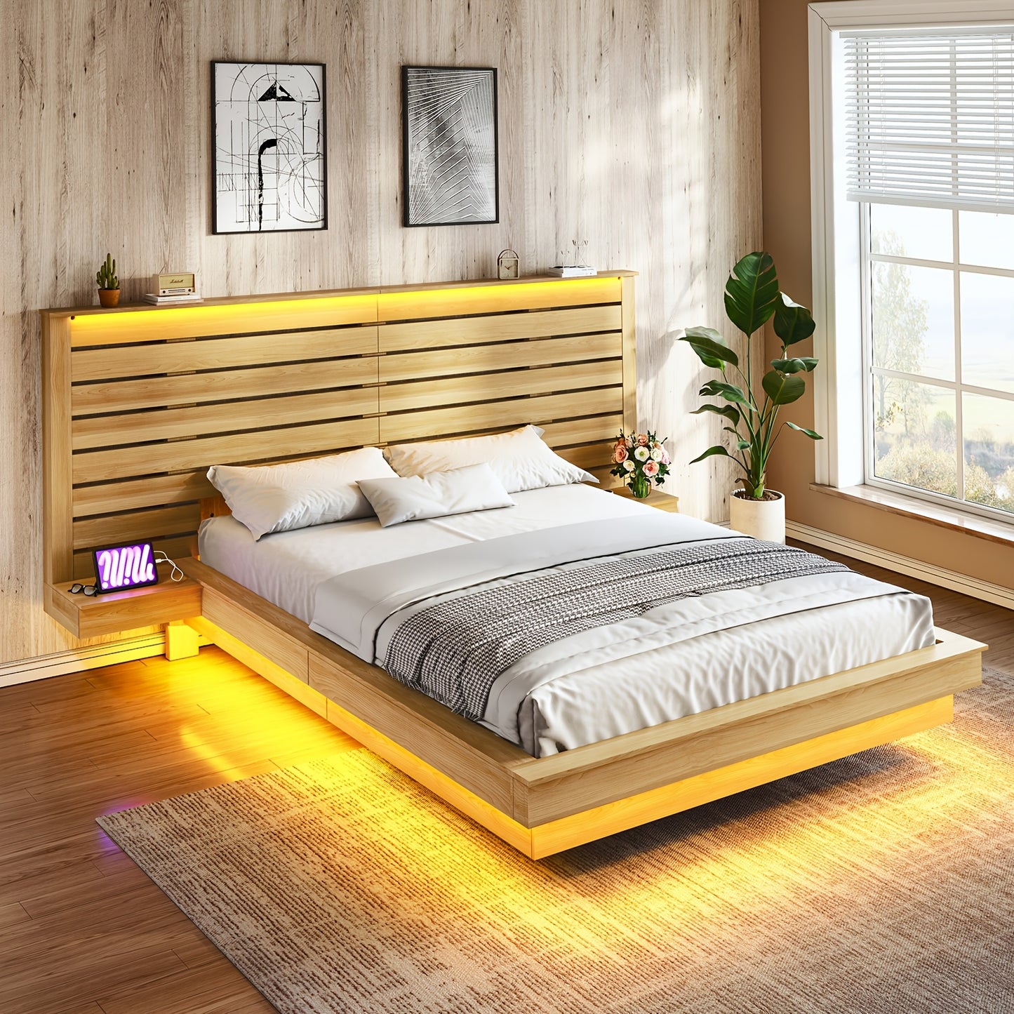 1pc LUXOAK Farmhouse Full-Size Floating Platform Bed Frame with LED Lights & Charging Station, Silent Operation, No Box Spring Needed, Includes Nightstands & Headboard