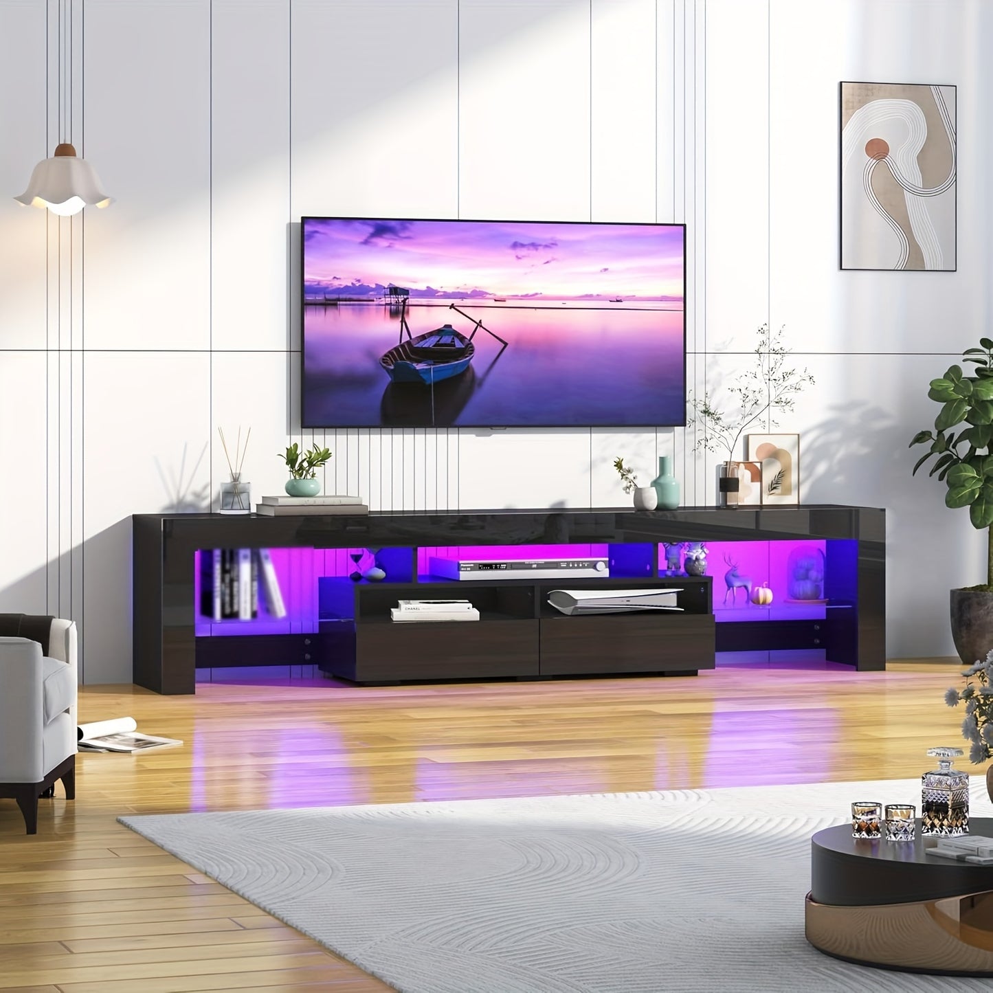 Modern LED TV Stand for Living Room, Black TV Stand, High Gloss TV Entertainment Center with Storage Drawer, APP RGB Light, TV Console