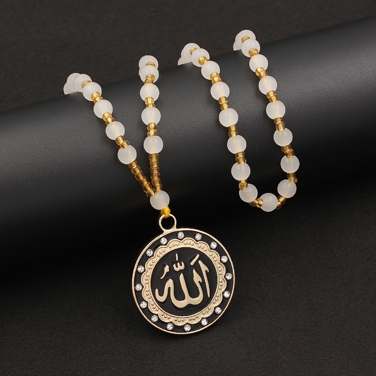 Islamic Calligraphy Pendant Necklace - Fashionable Zinc Alloy with Magnetic Hematite, Rhinestone Accents for Men & Women - Perfect Ramadan Gift