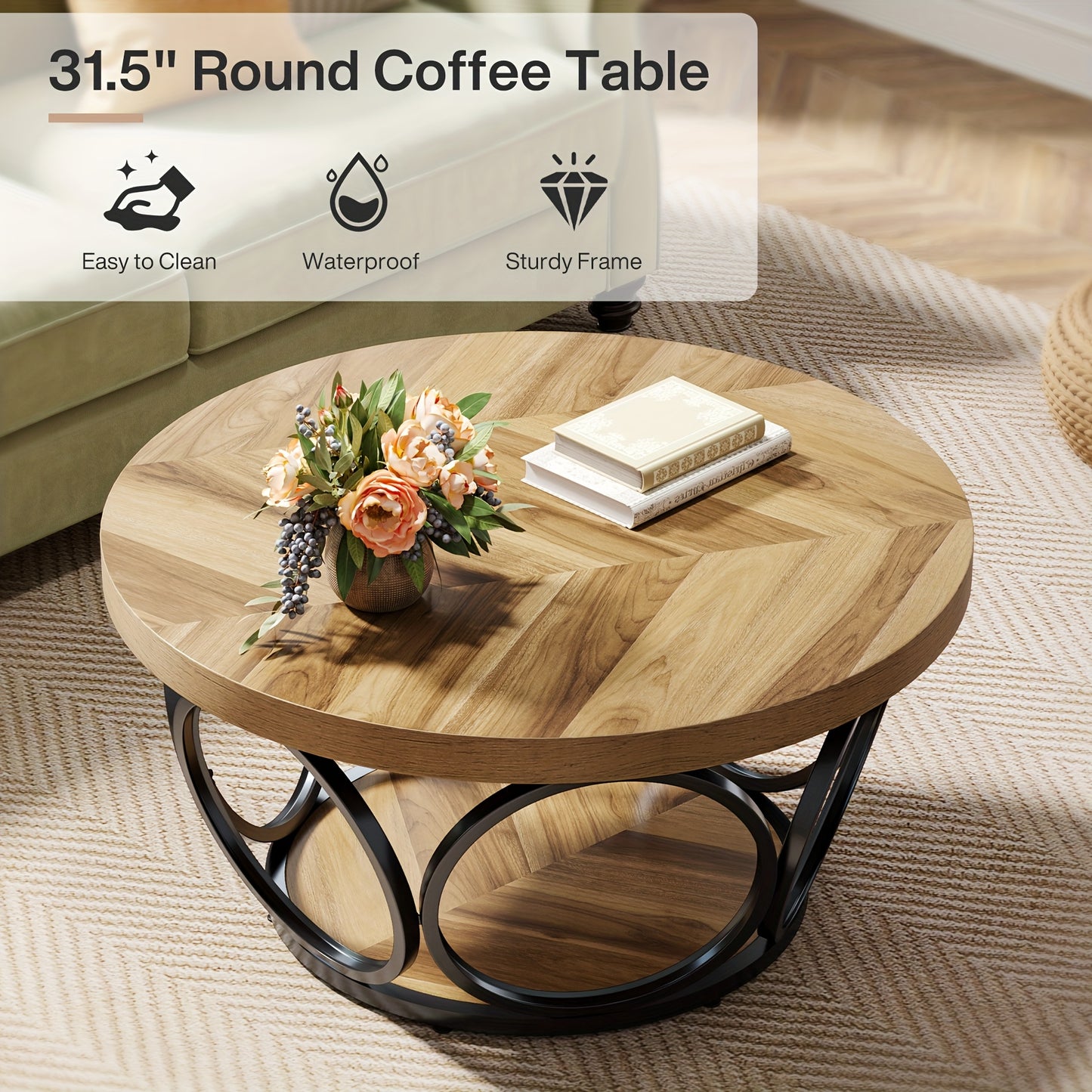 Coffee Table For Small Space, 31.5" Round Wood Center Table, Farmhouse Large Circle Coffee Tables With 2-Tier Storage, Modern Simple Brown Tea Table