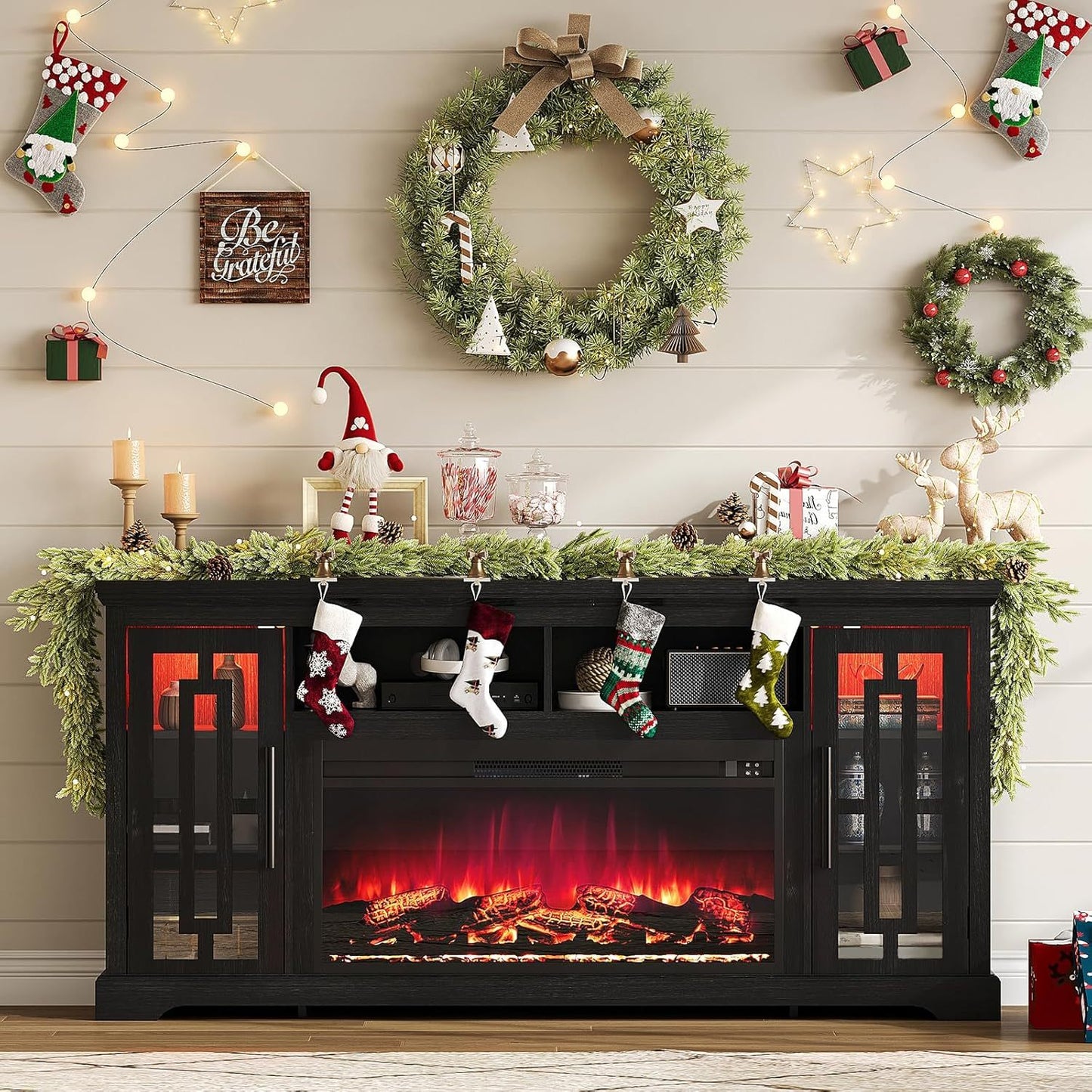 Elegant Style, PaPaJet Rustic Farmhouse TV Stand with 37" LED Fireplace, USB-Powered Entertainment Center for 80" TV, Black Hardwood with Red Accents, Adjustable Shelving, Ideal for Cozy Living Room Settings, Cozy Tv Stand|Ru