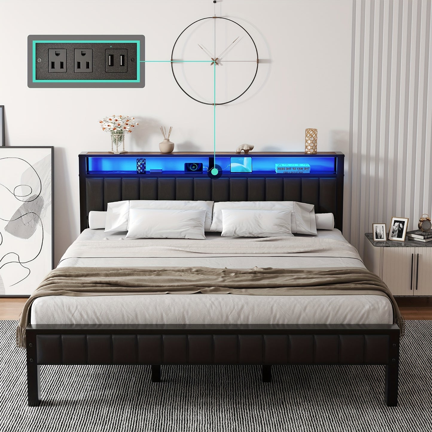 Bed Frame, LED Platform Bed with Faux Leather Headboard, Charging Station, 2-Tier Storage Space/No Box Spring Needed/Noise-Free