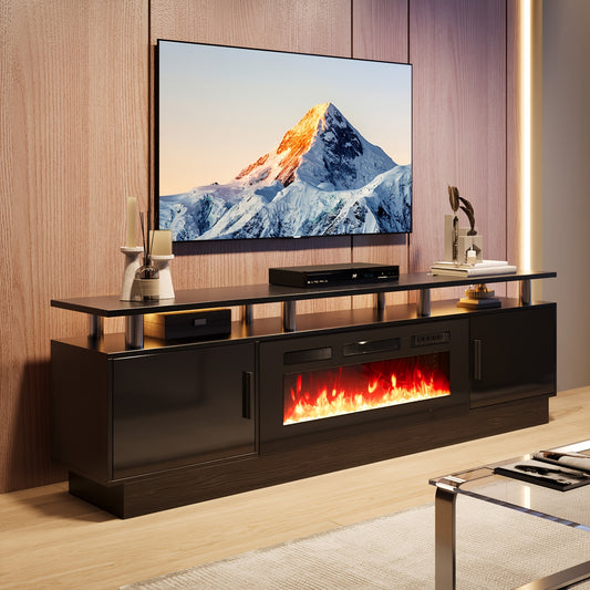 Luxury 80" Black Electric Fireplace TV Stand for Up to 90" TVs, LED Flame Effect & High-Gloss Finish, Modern Entertainment Center with Ample Storage, Easy Assembly