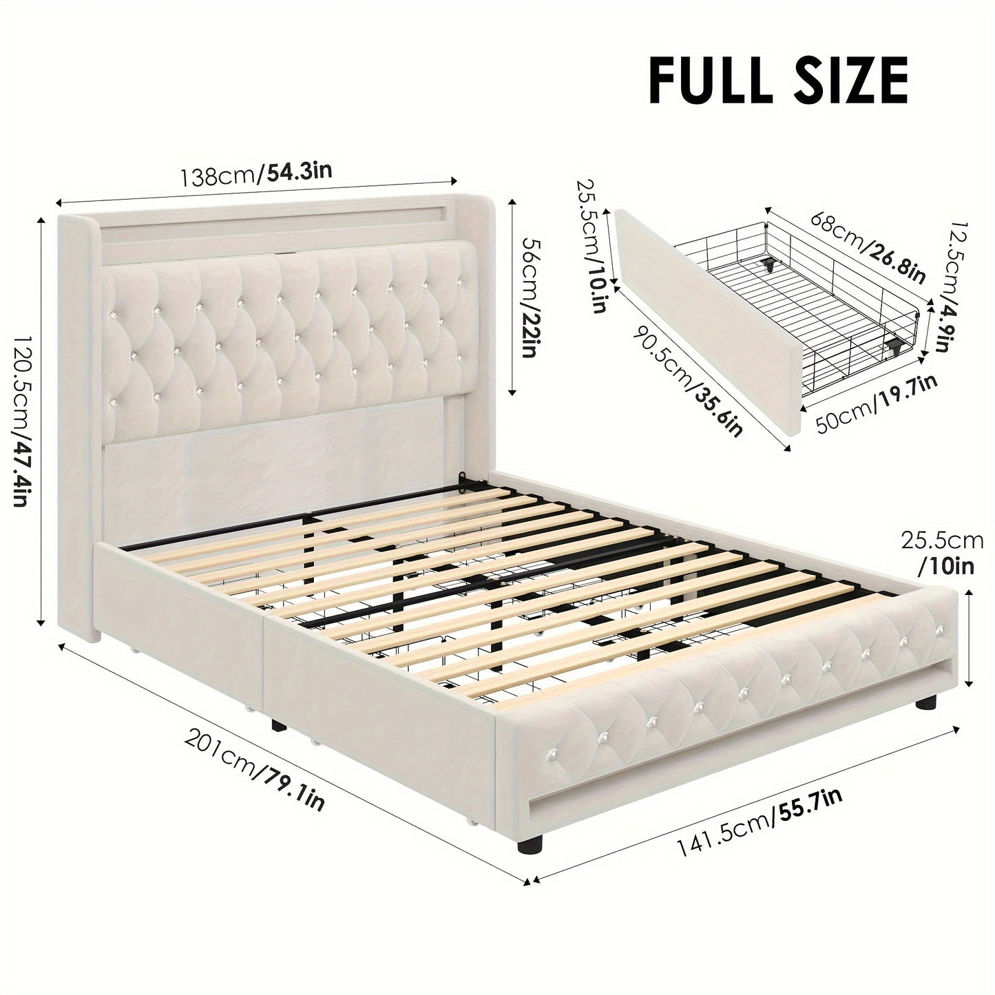 FULTRU Bed Frame with Outlets and USB Ports, Headboard & Footboard with LED, 4 Storage Drawers Modern Wingback Crystal Button Tufted Velvet Upholstered Platform Bed Frame