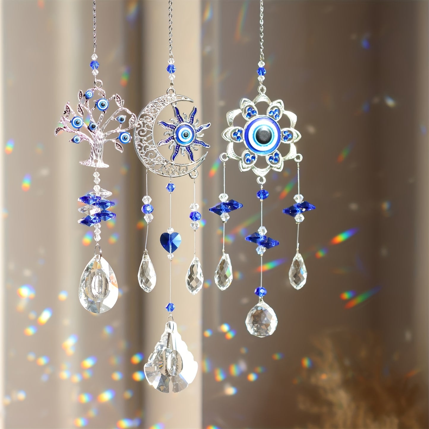 3 Handmade Evil Eye Crystal Sun Catchers, Suitable For Home And Garden Decoration - Resist Negative Energy And Bring Good Luck