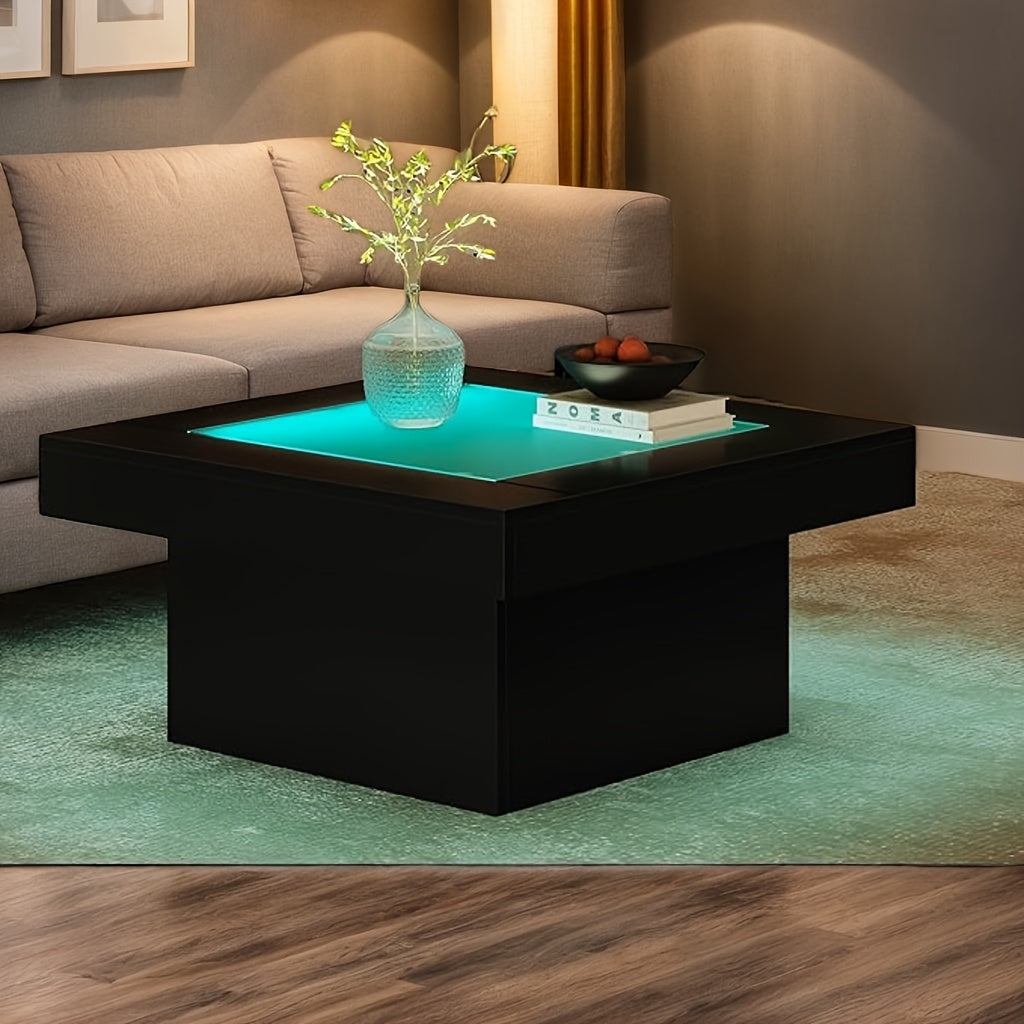 Modern 35.4" Square Coffee Table with LED Lights - Large Black Centerpiece, Tempered Glass Top & Engineered Wood Frame for Living Room or Home Office